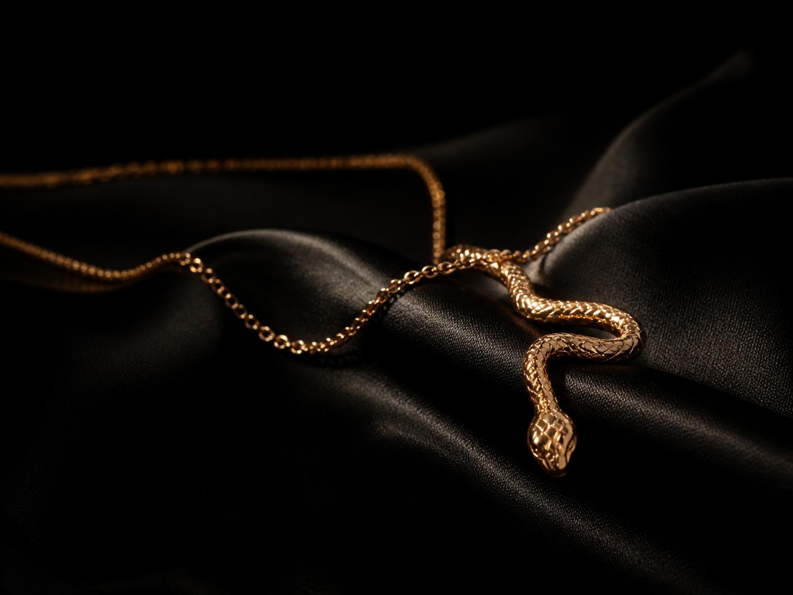 Colar de serpente em ouro sobre cetim preto